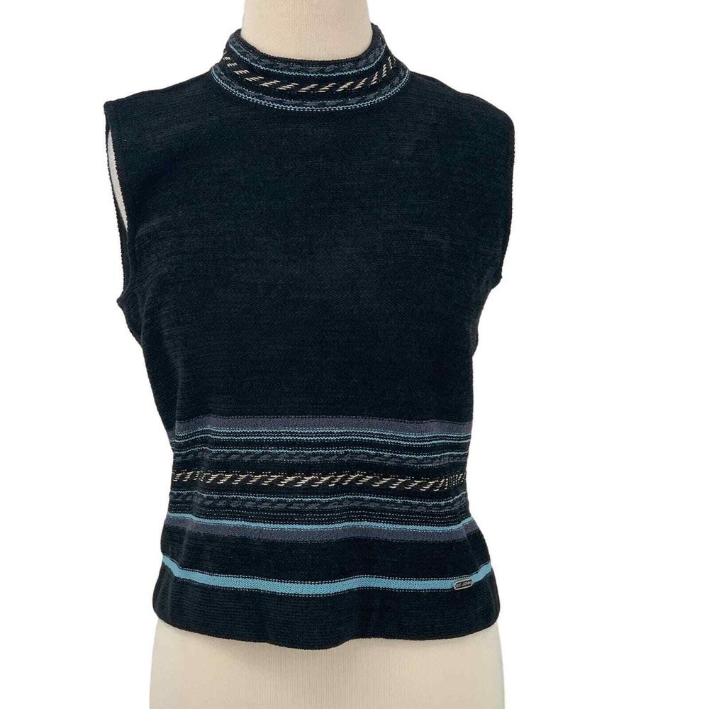 St. John Sport by Marie Gray Sleeveless Mock Neck Tank Top Black/Blue Stripe P